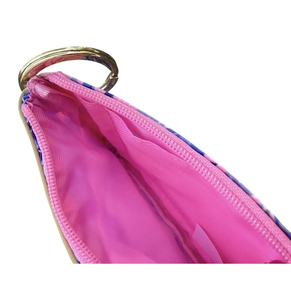 Lilly Pulitzer Zip ID Case Keychain Wallet Card Holder Blue Pink Print Gold Tone